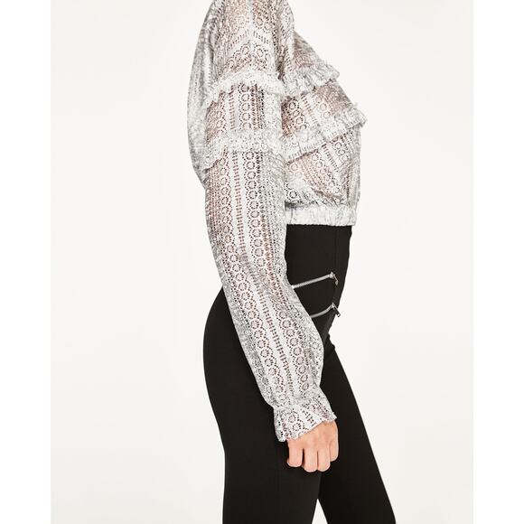 Zara Printed Lace Top with Frills Silver Gray White Small New - Picture 3 of 11